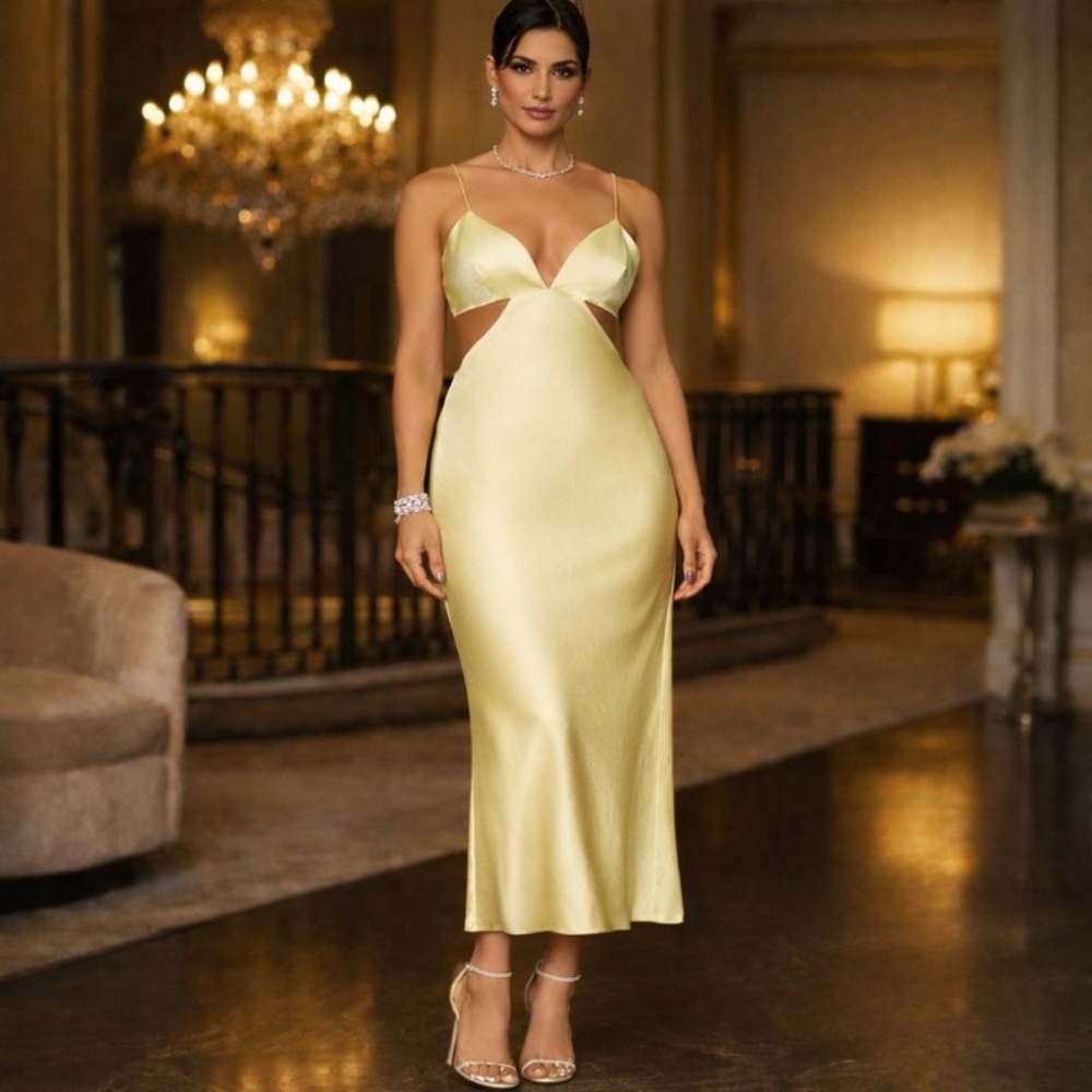 Significant Other yellow satin cutout maxi dress size 10 NEW